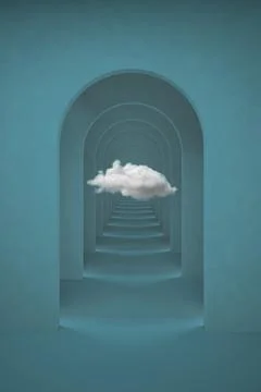 Abstract blue surreal 3d render with white cloud. Arch corridor light blue Stock Illustration