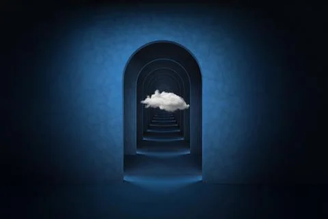 Abstract blue surreal 3d render with white cloud. Arch corridor dark blue Stock Illustration