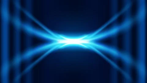Abstract blue technology background with symmetric glowing light beams and .. Illustrazione stock