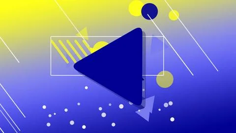 An abstract blue triangle play icon sits over a framed geometric scene with.. Ilustração Stock