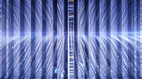 Abstract blue vertical pillars with glowing particles Stock Footage 331450284