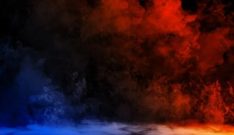 Abstract blue vs orange smoke steam moves on a black background . The concept Stock Illustration