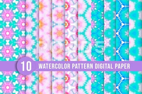Abstract blue watercolor geometric pattern collection. Digital seamless water PSD Template