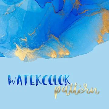 Abstract blue watercolor pattern with drops, blobs and golden parts Stock Illustration