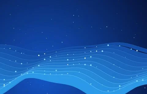 Abstract blue wave background with flowing lines and glowing particles, dark Stock Illustration