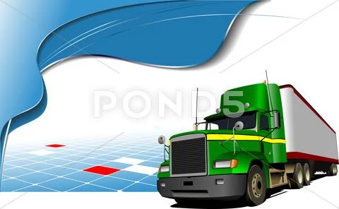 Abstract blue wave background with green lorry on the road Stock Illustration