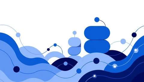 Abstract blue wave design with rounded shapes and connected dots Stock Illustration