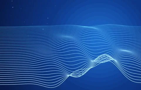 Abstract blue wave lines background, flowing dynamic mesh landscape with glowing Stock Illustration
