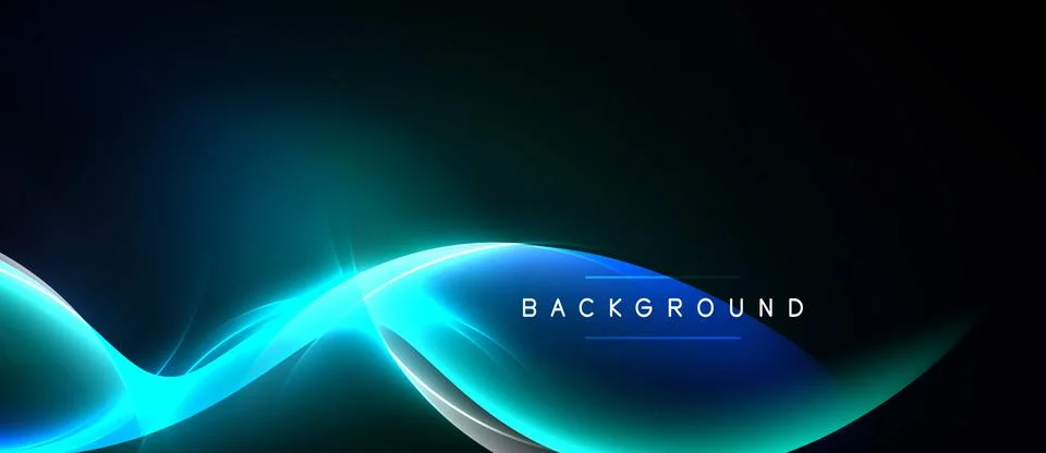Abstract blue waves flow across dark background. Bright light emanates from Stock Illustration