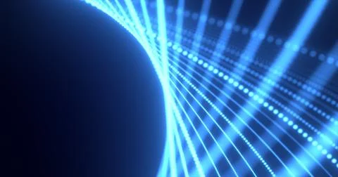 Abstract blue waves from lines and dots of particles of glowing swirling fu.. Illustrazione stock