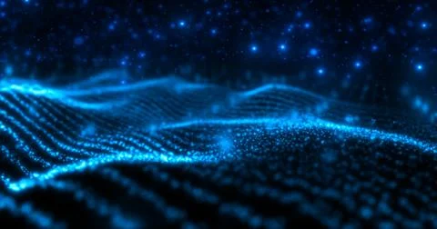 Abstract blue waves lines from particles and dots of energetic magic with g.. Stock Illustration
