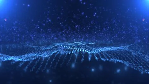 Abstract blue waves lines from particles and dots of energetic magic with g.. Illustrazione stock