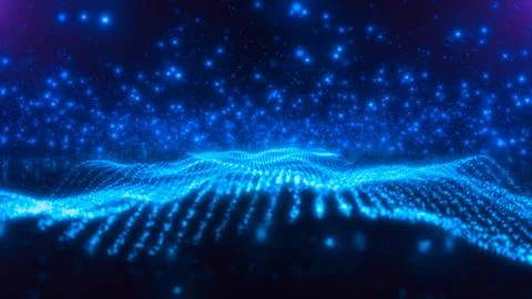Abstract blue waves lines from particles and dots of energetic magic with g.. Stockillustratie