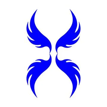 Abstract blue wing symbol featuring four curved, flame-like feather shapes .. Illustrazione stock