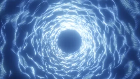 Abstract blue wireframe tunnel with glowing circular waves and a luminous c.. Stock Footage 339475723