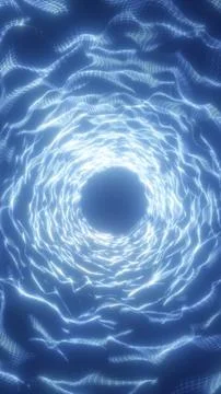 Abstract blue wireframe tunnel with glowing circular waves and a luminous c.. Stock Illustration
