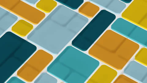 Abstract Blues, Teal &amp; Orange Background Loop - Glass 3D Plates Over White Tiles Stock Footage 278617158