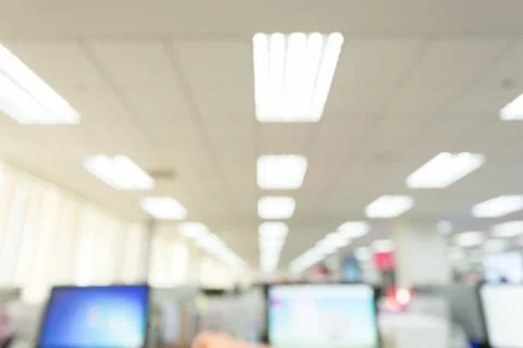 Abstract blur background table work in office with computer pc Stock Photos