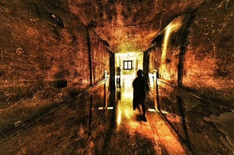 Abstract blur of a moving shadowy human figure walking down a fiery red met.. Stock Photos