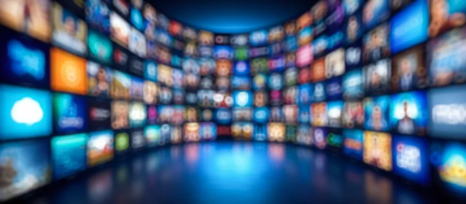 Abstract blur of multiple TV screens showcasing different shows and channels, Illustrazione stock