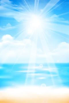 Abstract blur sand beach  and blue sky background with sunlight and flare ele Stock Illustration