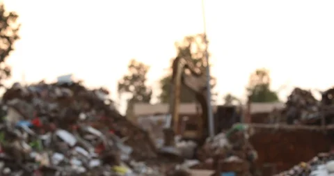 Abstract blur of Waste processing plant,Backhoe and a lot of garbage Stock Footage 118217121