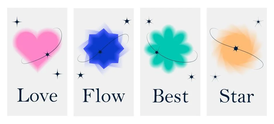Abstract Blur y2k elements with text Love, Flow, Better. Minimalist style Stock Illustration