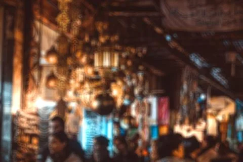 Abstract blurred background of Marrakesh souk market. Stock Photos