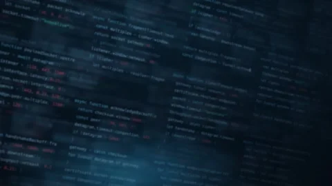Abstract blurred coding background with navy hues featuring glowing teal and vib Stock Footage 341582505
