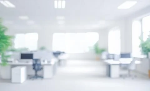 Abstract Blurry Office Interior Background, Spacious Modern Corporate Environ Stock Photos