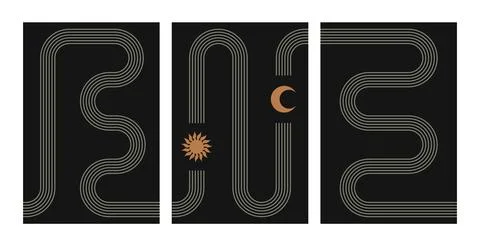 Abstract boho art posters. Contemporary line design sun stars moon phases, mid Stock Illustration