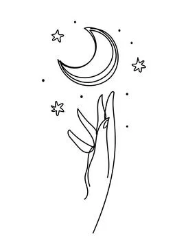 Abstract boho continuous line symbol. Hand and crescent moon icon. Aesthetic Stock Illustration