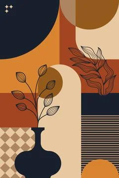 Abstract Boho Geometric Collage with Botanical Elements and Earth Tone Shapes Stock Illustration