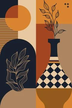 Abstract Boho Geometric Collage with Botanical Elements and Earth Tone Shapes Stock Illustration
