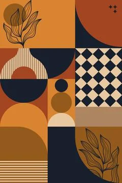 Abstract Boho Geometric Collage with Botanical Elements and Earth Tone Shapes Stock Illustration