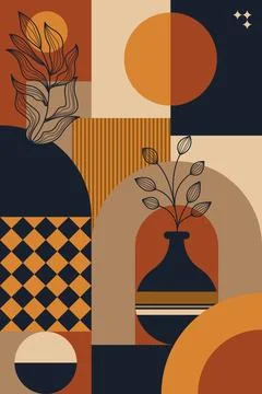 Abstract Boho Geometric Collage with Botanical Elements and Earth Tone Shapes Stock Illustration