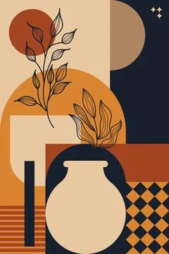 Abstract Boho Geometric Collage with Botanical Elements and Earth Tone Shapes Stock Illustration