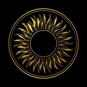 Abstract boho hand drawn illustration, golden sun or moon in a circle frame o Stock Illustration