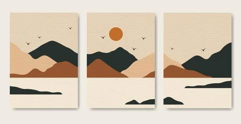 Abstract boho mountain landscape poster set. Modern boho textured background Stock Illustration