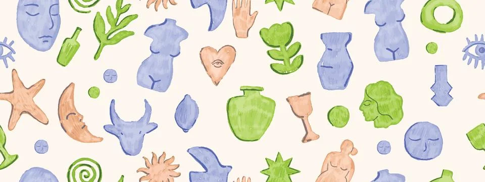 Abstract boho naive seamless pattern, vector mediterranean brutal shape Stock Illustration