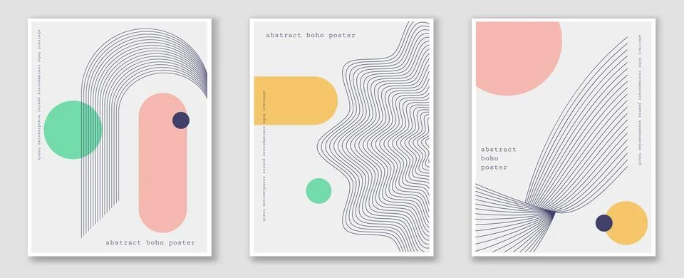 Abstract boho posters set. Patterns from simple geometric figures. Minimalistic Stock Illustration