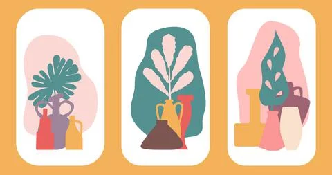 Abstract boho posters with vases and tropical plants vector illustration Stock Illustration