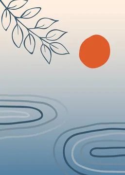 Abstract boho style landscape with sun and water Stockillustratie