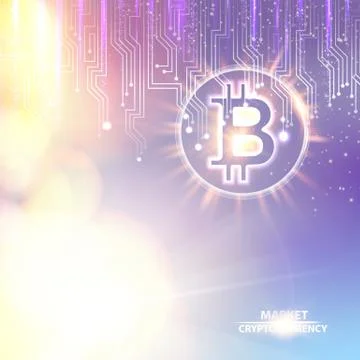 Abstract bokeh background with shining bitcoin symbol and mother board circuits 스톡 일러스트