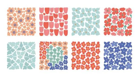 Abstract bold flower fields set. Bright cute blossom poster, wall art, card Stock Illustration