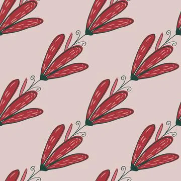Abstract botanic bloom seamless pattern with hand drawn red flowers ornament. Stock Illustration