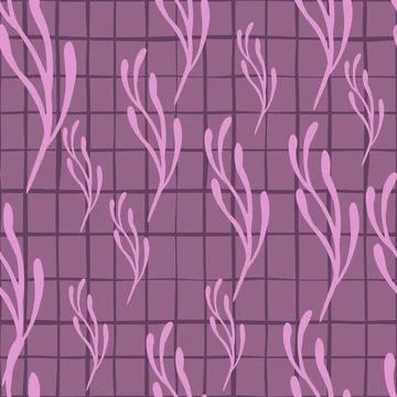 Abstract botanic flora seamless pattern with pink branches. Purple chequered  Stock Illustration