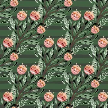 Abstract botanic nature seamless pattern with pink folk bouquet ornament. Gre Illustrazione stock
