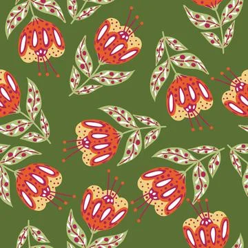 Abstract botanic seamless doodle pattern with red folk flowers elements. Gree Illustrazione stock