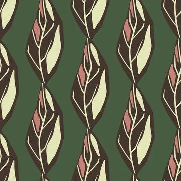 Abstract botanic seamless pattern with brown and pink colored leaf shapes. Gr Illustrazione stock